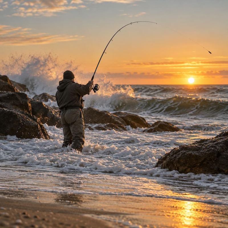 An angler casting into the surf at sunrise, wave spray crashing on the rocks behind him