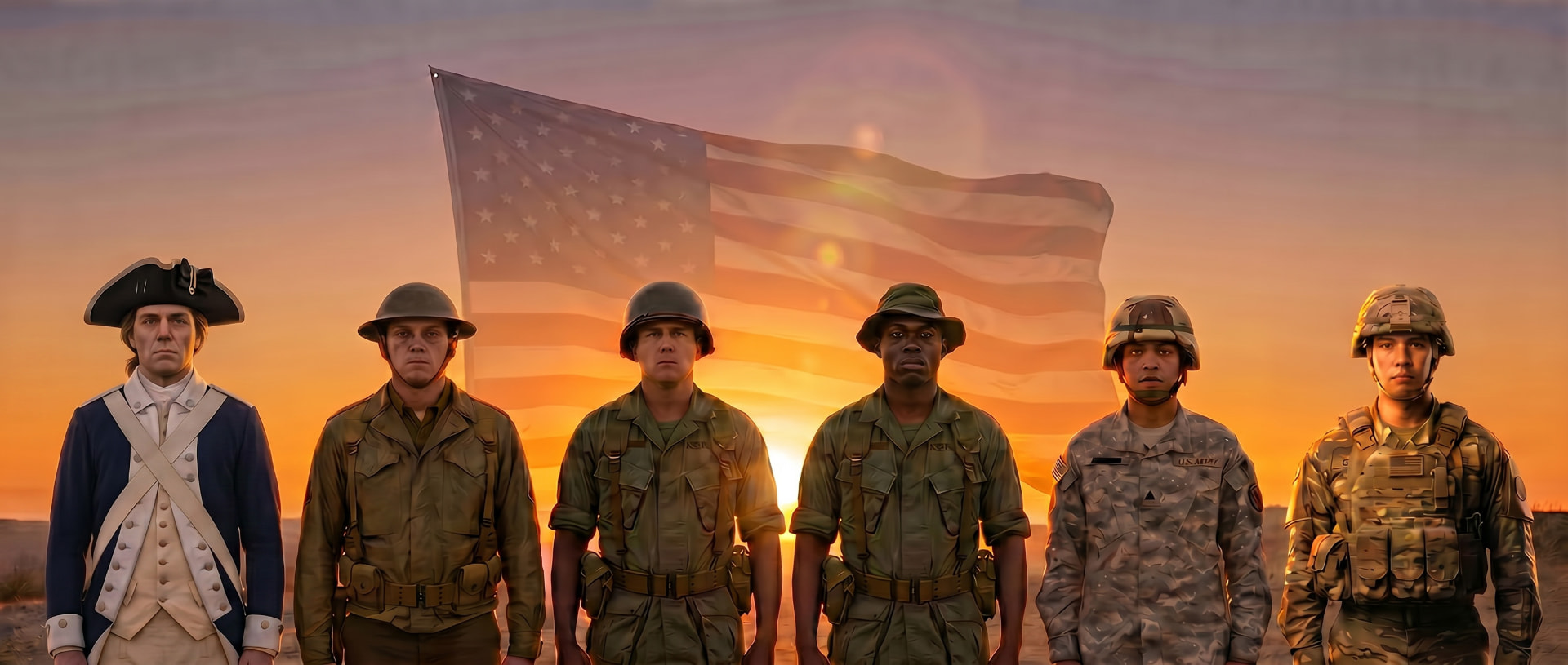 U.S. veterans from the Revolutionary War to today in front of the American flag at sunset