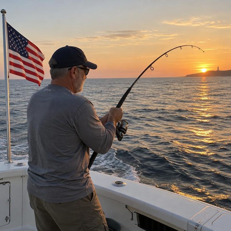 A veteran fishing from the back of a boat with an American flag beside him at sunset
