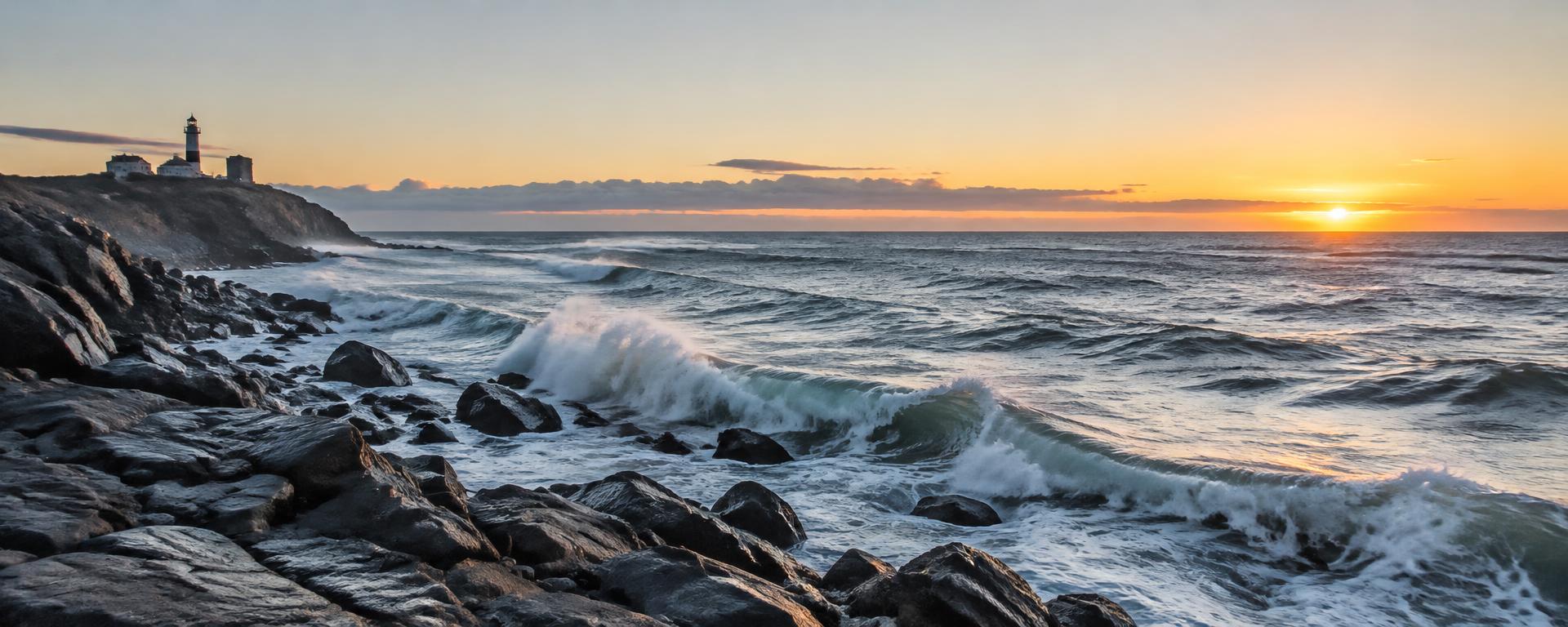 Atlantic waves breaking along the rocky Montauk coastline at dawn